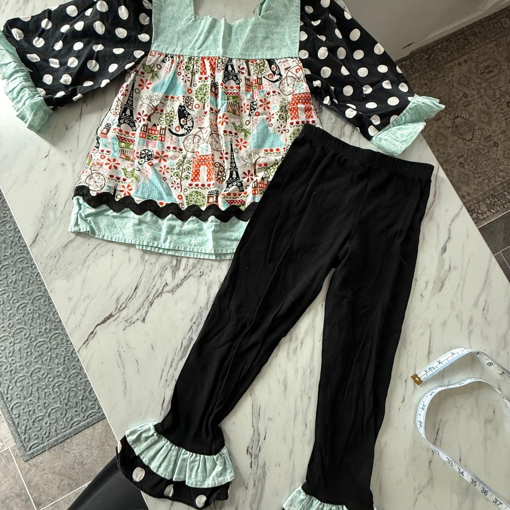 Girls Matilda Jane Polka Dot and Patterned Top with Black Leggings (Set), Size 6